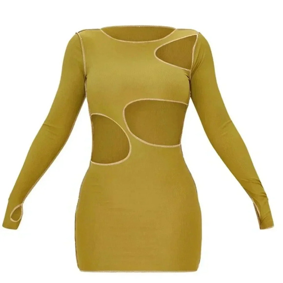 Pretty Little Things Olive Ribbed Contrast Stitch Cut Out Long Sleeve Dress - Picture 4 of 12